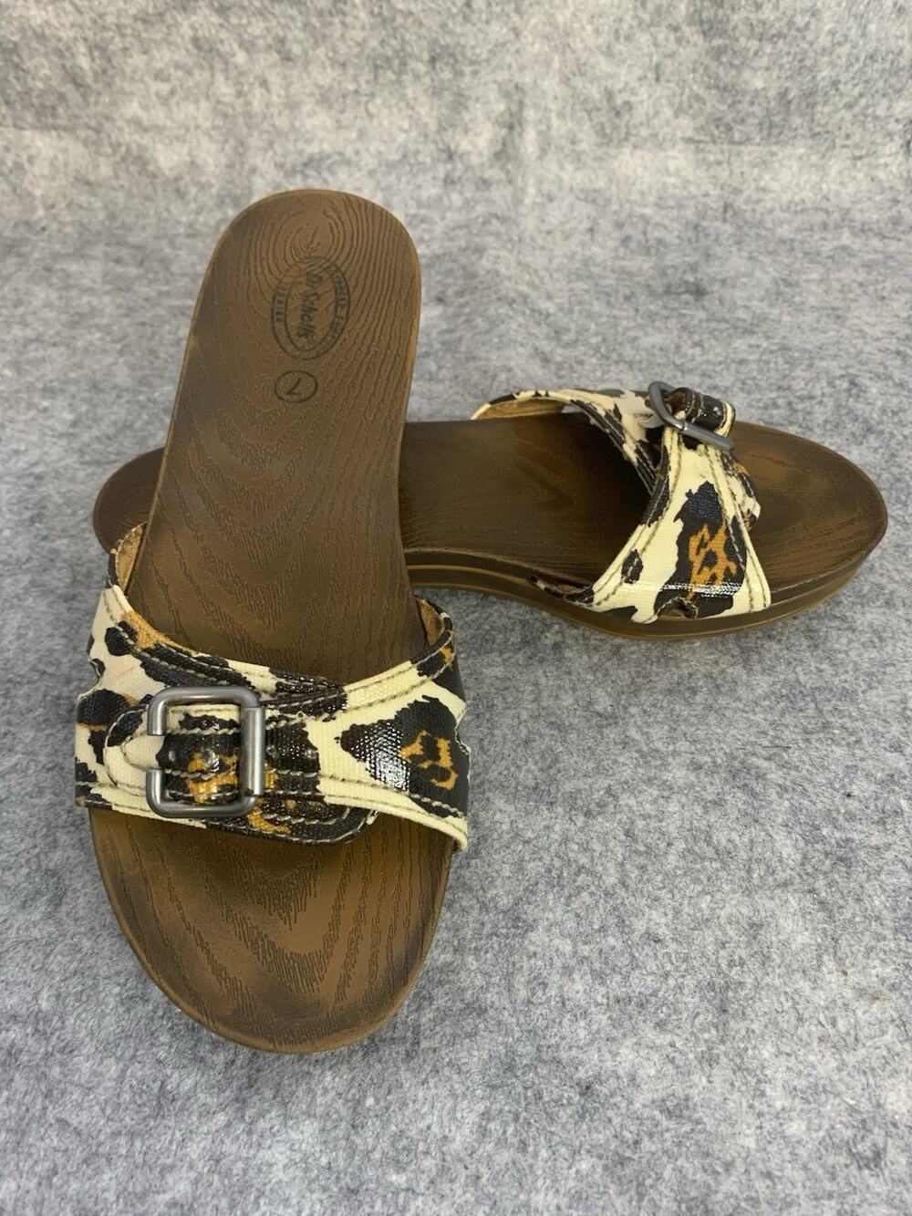 Dr Scholls Animal Print Faux Wood Slip On Shoes Sandals Size 7 Womens